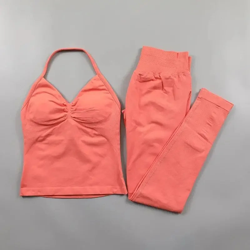 Omen's Lace-up Top and Leggings Set with Padded High Waist Folding and Seamless Design for Yoga Fitness and Gym Workouts