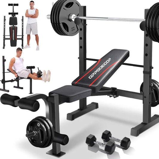 600LBS Adjustable Weight Bench with Squat Rack and Leg Extension for Full Body Home Gym Workout Incline Decline Flat Bench Pres