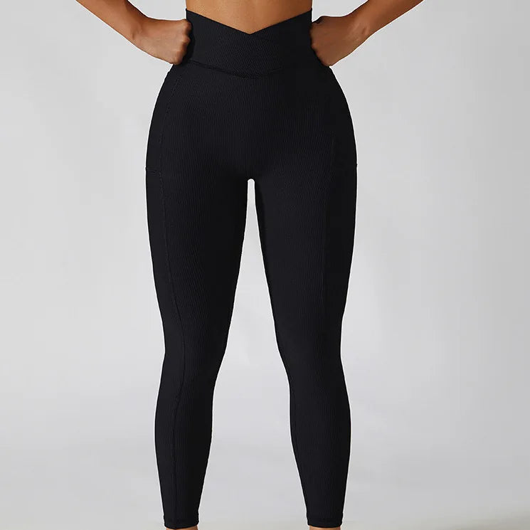 Women's Cross Waist Seam Leggings Gym Workout Yoga Pants High Waisted Butt Lift with Pocket Tights Fashion Slim Elastic Leggings