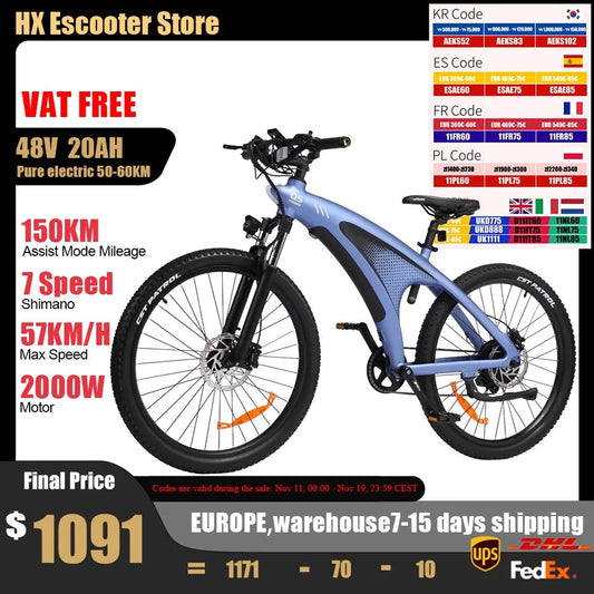 HX Q5 2000W Ebikes 57KM/H Electric Bicycle 27.5 Inch Adults Electric Bike Removable battery Electric E Bikes Mountain Ebike