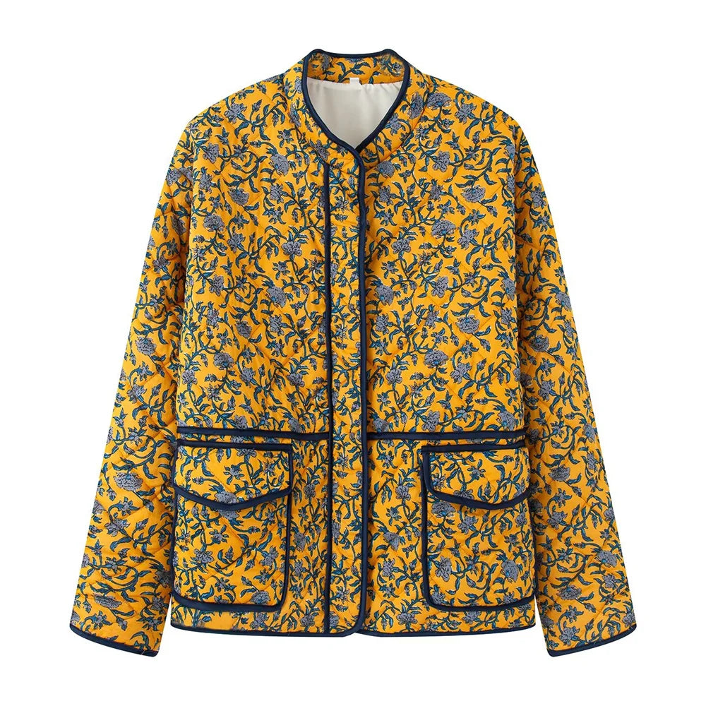 Autumn and winter women's clothing new fashion versatile retro printed warm loose cotton jacket
