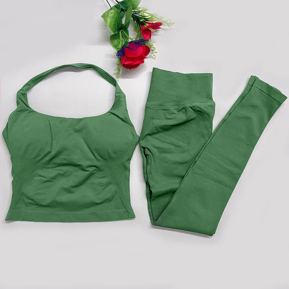 2026 Yoga outfit DFNNYE two Pieces Gym Set seamless Women DF impact backless Halter Top Leggings Fitness Clothes Workout sets
