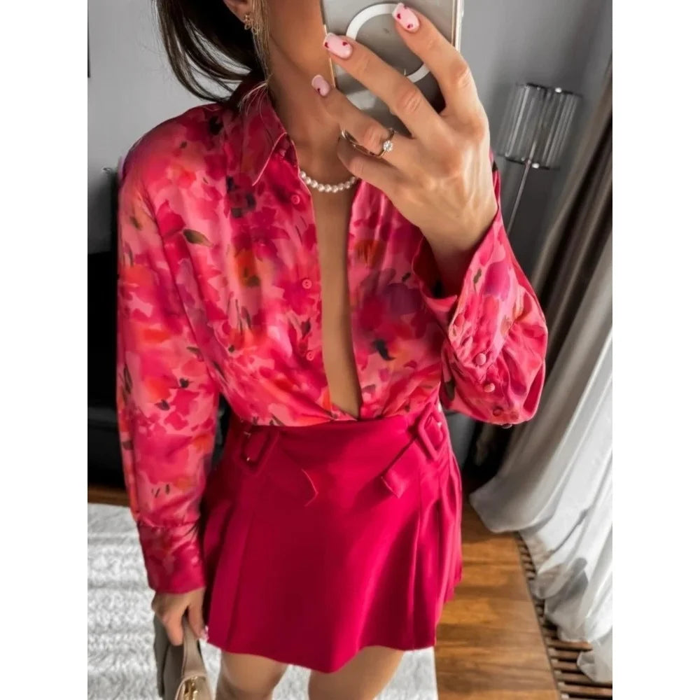 Women Elegant Print Decoration Long Sleeves Casual Satin Blouse Top Woman Chic Single-Breasted Lapel Loose Shirt Top