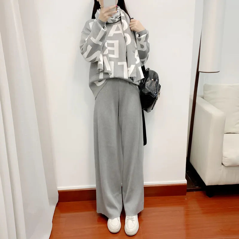 women's Clothing Autumn Winter Women Knited Letter Sweater + Pants + Cape Scarf 3PCS Suits Cappa Wraps Wide Leg Trousers Sets