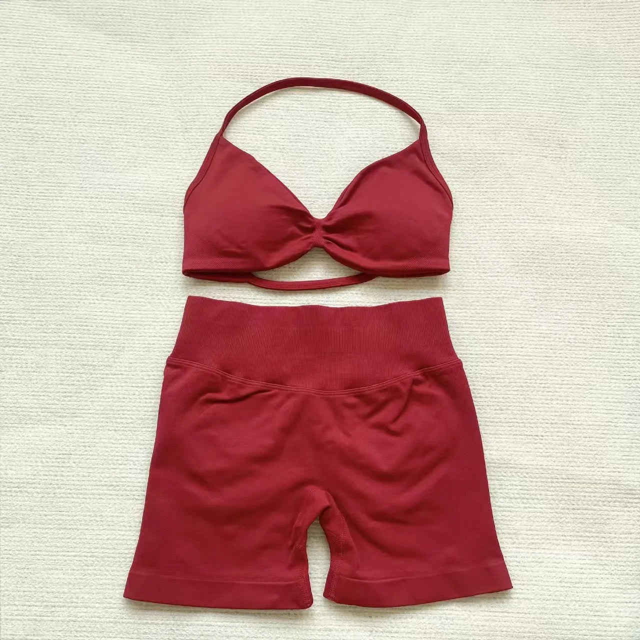 NoLogo Women 2 Piece Yoga Outfit Seamless Strappy Bra High Waist Butt Lifting Scrunch Shorts Gym Activewear