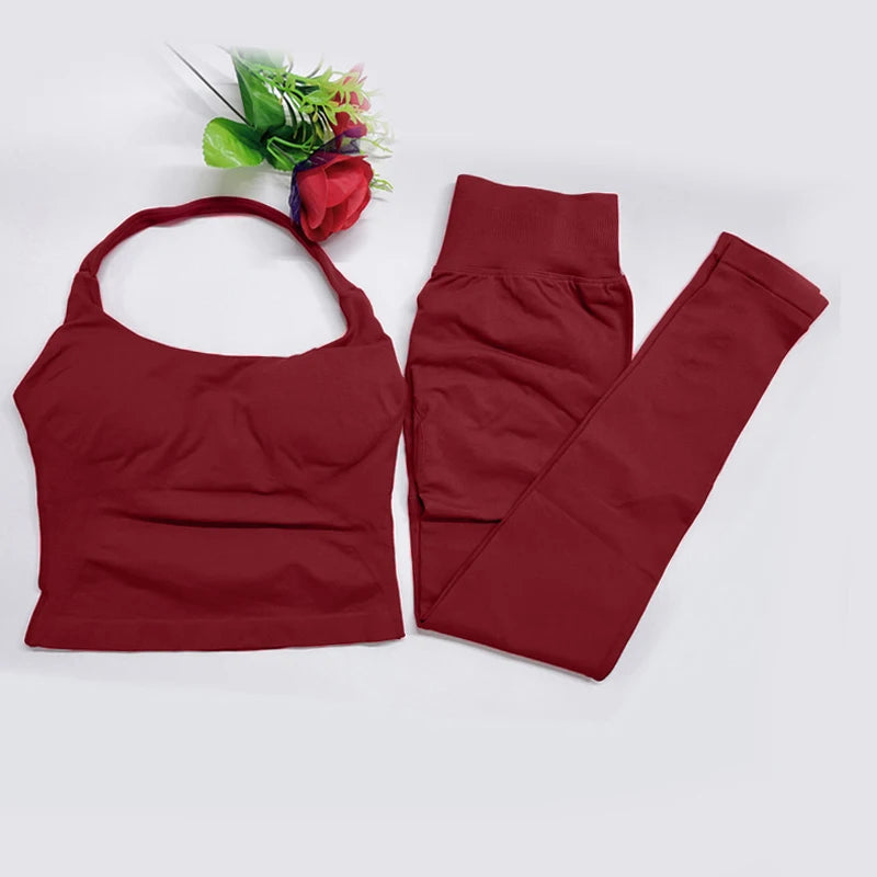 2026 Yoga outfit DFNNYE two Pieces Gym Set seamless Women DF impact backless Halter Top Leggings Fitness Clothes Workout sets