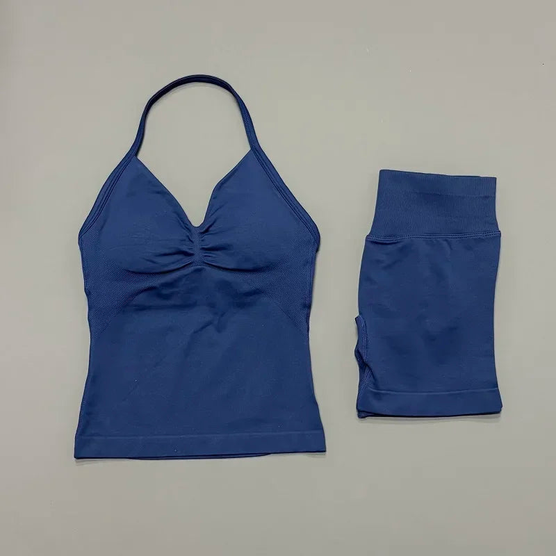 NoLogo Women 2 Piece Yoga Outfit Seamless Strappy Bra High Waist Butt Lifting Scrunch Shorts Gym Activewear