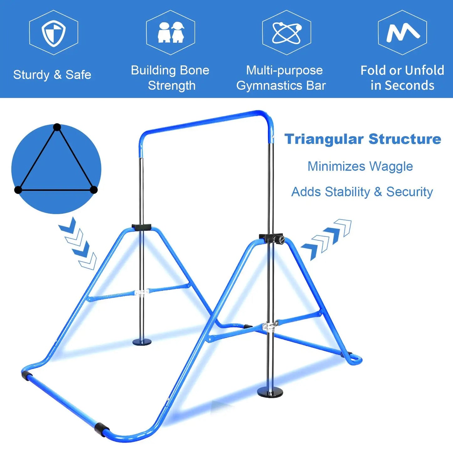 Kids' Adjustable Height Multi-functional Foldable Gymnastic Bar for Home Use