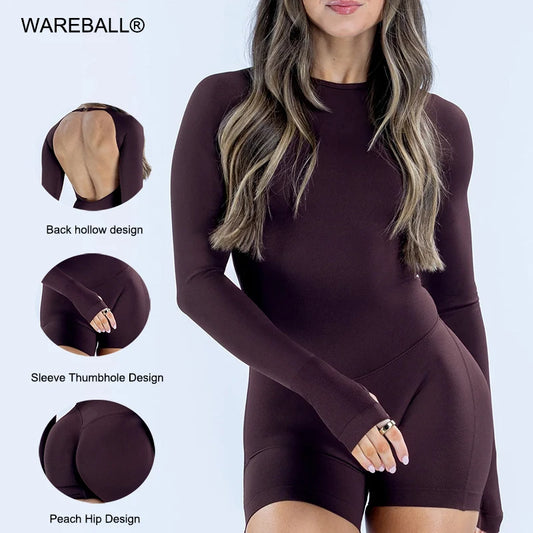 Seamless Long Sleeve One Piece Gym Clothes Women Padded Yoga Bodysuit Open Back Fitness Workout Jumpsuit Scrunch Butt Sportswear