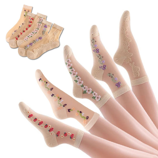 5 pairs of ice silk socks wholesale women's spring and summer mid tube socks breathable, anti slip, anti hook silk crystal thin