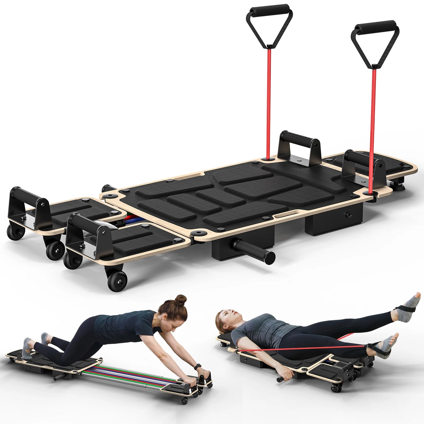 5-in-1 Pilates Reformer-Dual Foot Pads, Smooth Rail, Adjustable Headrest 110-190cm, Full-Body Home Gym
