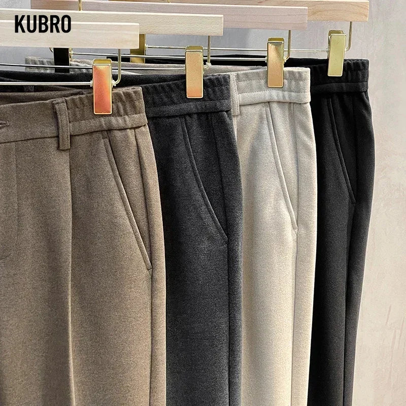 Autumn Winter Suit Pants Men Thick Business Elastic Waist Classic Grey Brown Woolen Straight Korean Formal Trousers Male 28-38