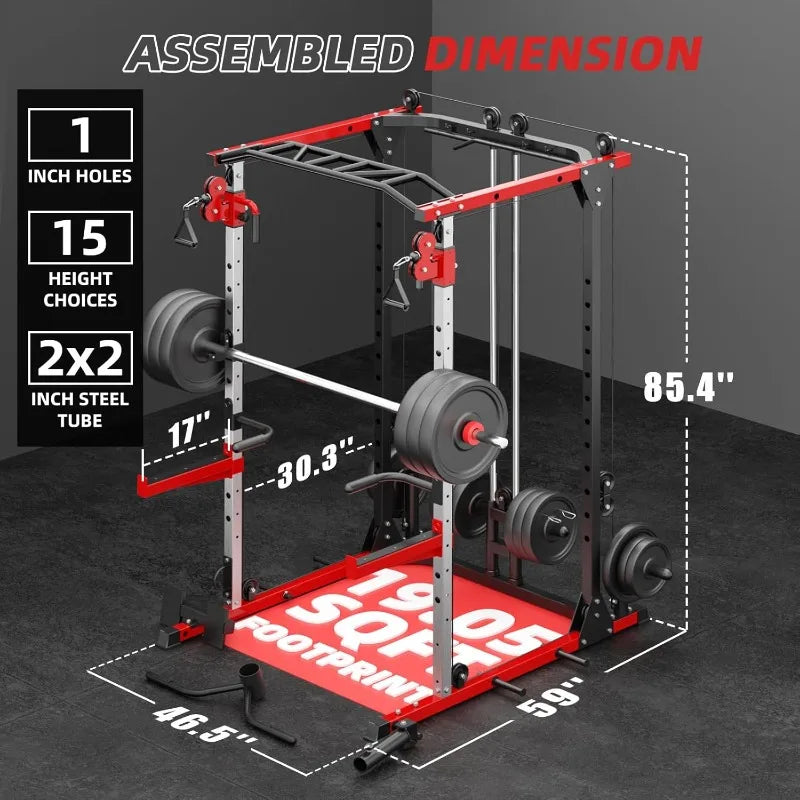 Smith Machine, Power Rack with LAT Pulldown System, Power Cage with Cable System, Squat Rack with Chest Press Machine