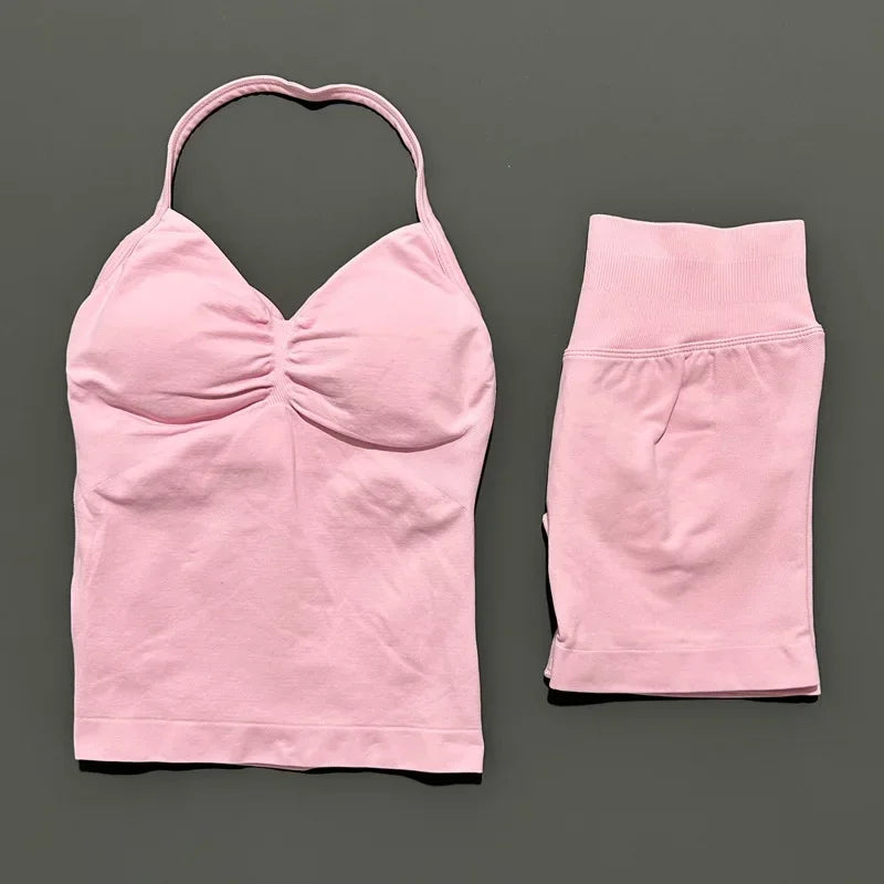 NoLogo Women 2 Piece Yoga Outfit Seamless Strappy Bra High Waist Butt Lifting Scrunch Shorts Gym Activewear
