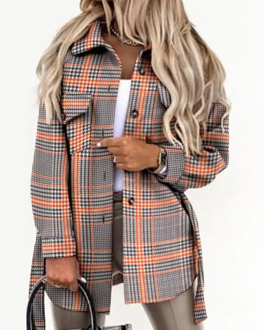 Women's  Fashion Autumn and Winter Blouses Jackets Strap Plaid Printed Woolen Jacket for Women Casual Pockets Coats Clothing