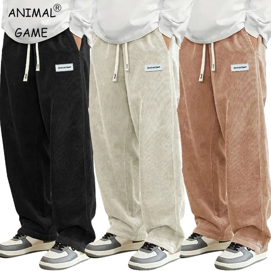 New Mens Corduroy Casual Pants Fashion Loose Fit Baggy Pants Straight Sweatpants Elastic Waist Drawstring Outdoor Streetwear