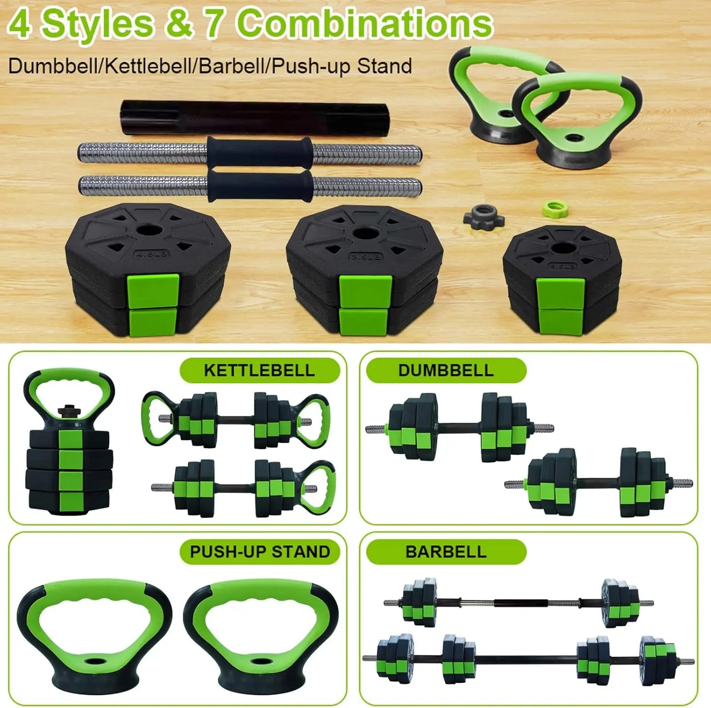 4 in 1 Adjustable Dumbbell Set,44lbs Weight Set with Iron Handle Used as Kettlebell, Barbell, Push up Stand for Home Gym,Octagon