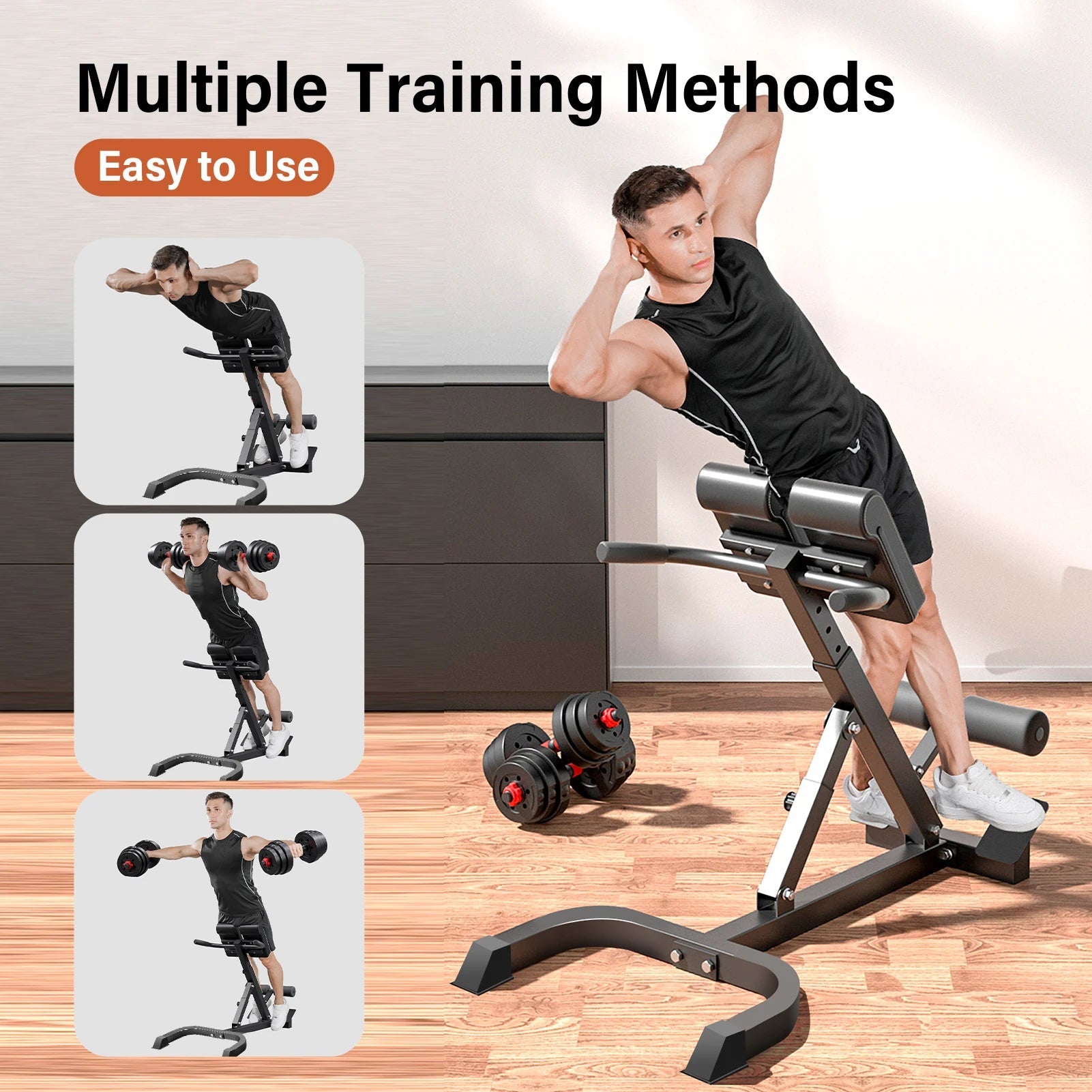Adjustable roman chair showcased with multiple training methods in a home gym setting.