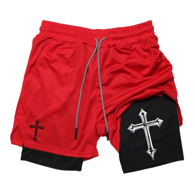 Cross Print 2 in 1 Workout Running Shorts for Men Christian Gym Athletic Shorts with Compression Liner Phone Pocket Towel Loop - FitHealthHavenFitHealthHavenFitHealthHaven14:350853;5:4183SilverXXXLCross Print 2 in 1 Workout Running Shorts for Men Christian Gym Athletic Shorts with Compression Liner Phone Pocket Towel Loop