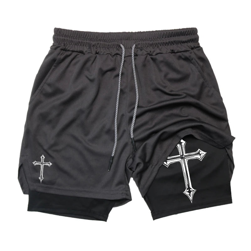 Cross Print 2 in 1 Workout Running Shorts for Men Christian Gym Athletic Shorts with Compression Liner Phone Pocket Towel Loop - FitHealthHavenFitHealthHavenFitHealthHaven14:365458;5:4183BrownXXXLCross Print 2 in 1 Workout Running Shorts for Men Christian Gym Athletic Shorts with Compression Liner Phone Pocket Towel Loop