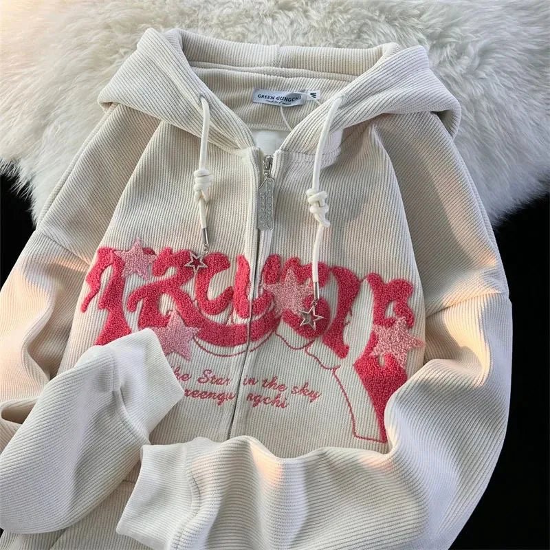 Fashion Embroidery Zip Up Hoodies Women Autumn Long Sleeve Tops Loose Hood Shirt Harajuku Y2K Clothes Female Sweatshirt Jacket - FitHealthHavenFitHealthHavenFitHealthHaven14:691;5:361385GRAYLFashion Embroidery Zip Up Hoodies Women Autumn Long Sleeve Tops Loose Hood Shirt Harajuku Y2K Clothes Female Sweatshirt Jacket