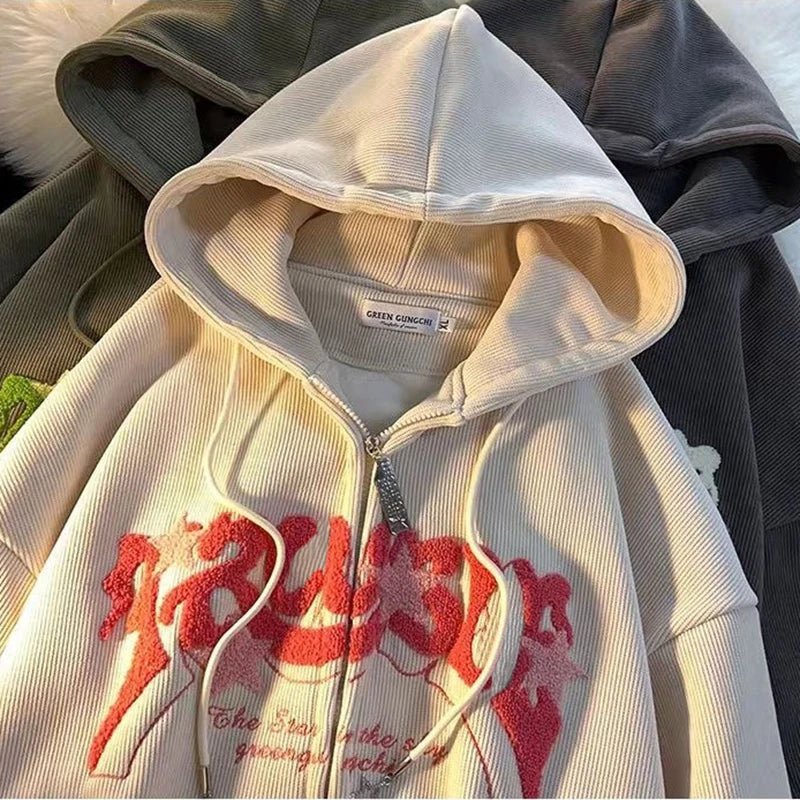 Fashion Embroidery Zip Up Hoodies Women Autumn Long Sleeve Tops Loose Hood Shirt Harajuku Y2K Clothes Female Sweatshirt Jacket - FitHealthHavenFitHealthHavenFitHealthHaven14:201447514;5:361385APRICOTLFashion Embroidery Zip Up Hoodies Women Autumn Long Sleeve Tops Loose Hood Shirt Harajuku Y2K Clothes Female Sweatshirt Jacket