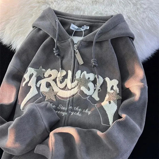 Fashion Embroidery Zip Up Hoodies Women Autumn Long Sleeve Tops Loose Hood Shirt Harajuku Y2K Clothes Female Sweatshirt Jacket - FitHealthHavenFitHealthHavenFitHealthHaven14:691;5:361385GRAYLFashion Embroidery Zip Up Hoodies Women Autumn Long Sleeve Tops Loose Hood Shirt Harajuku Y2K Clothes Female Sweatshirt Jacket