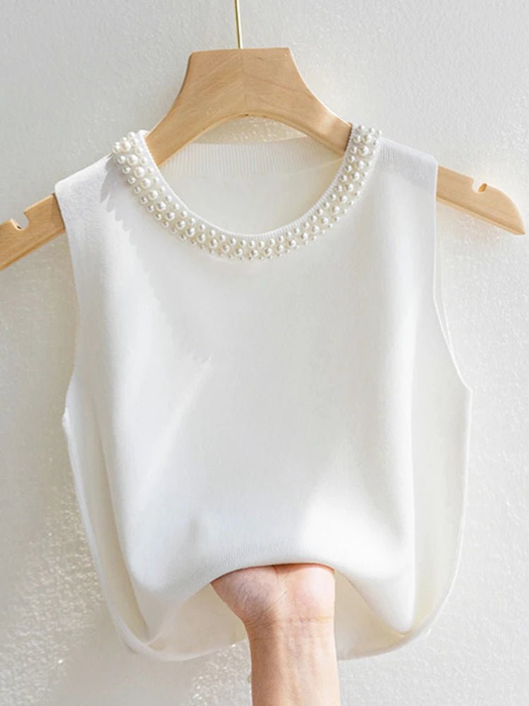 Korea Knitted Vests Women Top Solid Tank Blusas Mujer De Moda Summer New Fashion Female Sleeveless Beading Casual Thin Tops - FitHealthHavenFitHealthHavenFitHealthHaven14:29;5:200003528WHITEOne SizeKorea Knitted Vests Women Top Solid Tank Blusas Mujer De Moda Summer New Fashion Female Sleeveless Beading Casual Thin Tops