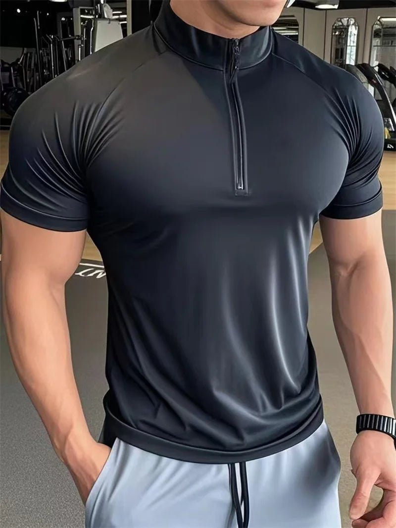 NEW Men's sports T-shirt Quick Dry Compression Running t Shirt Men Fitness short sleeve Shirt Zippered round neck Tights Tops - FitHealthHavenFitHealthHavenFitHealthHaven14:193;5:361386blackMNEW Men's sports T-shirt Quick Dry Compression Running t Shirt Men Fitness short sleeve Shirt Zippered round neck Tights Tops