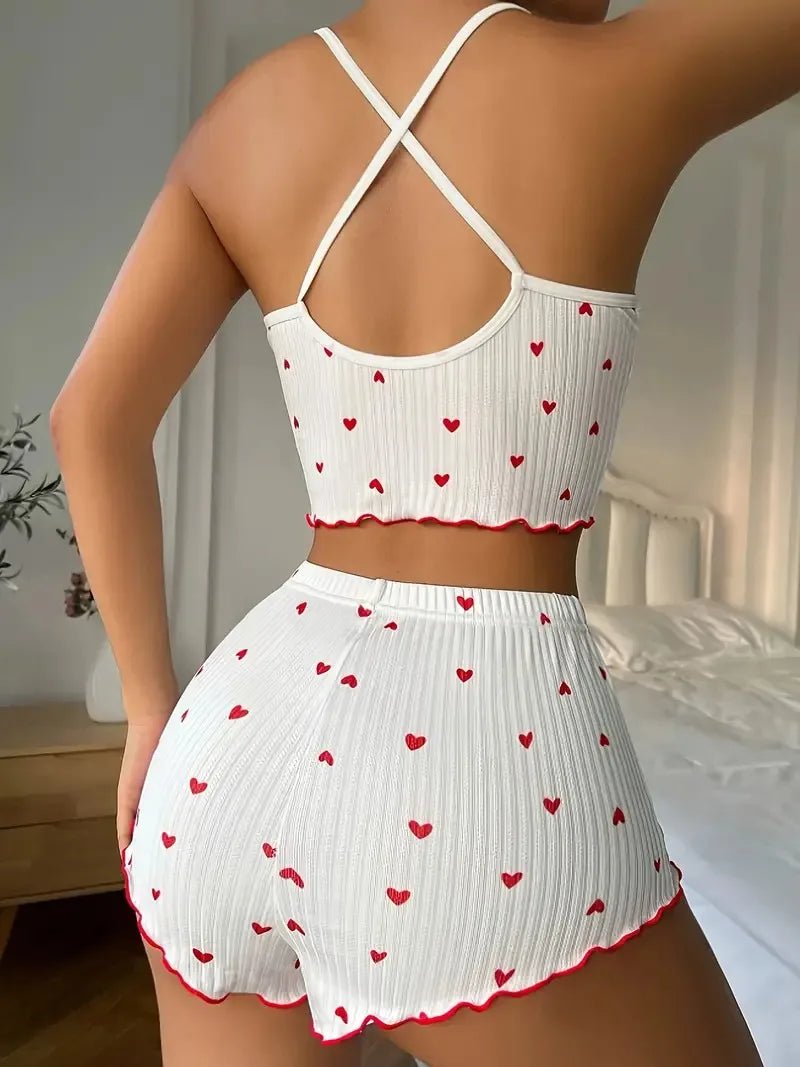 Sleepwear Women Pajamas Set Heart Print Soft Ribbed Fabric with Flirty Frill Trim Casual Cami Top and Shorts Sets Loungewear - FitHealthHavenFitHealthHavenFitHealthHaven14:1932;5:3613852LSleepwear Women Pajamas Set Heart Print Soft Ribbed Fabric with Flirty Frill Trim Casual Cami Top and Shorts Sets Loungewear