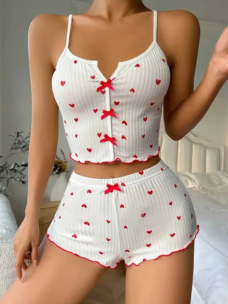 Sleepwear Women Pajamas Set Heart Print Soft Ribbed Fabric with Flirty Frill Trim Casual Cami Top and Shorts Sets Loungewear - FitHealthHavenFitHealthHavenFitHealthHaven14:1932;5:3613852LSleepwear Women Pajamas Set Heart Print Soft Ribbed Fabric with Flirty Frill Trim Casual Cami Top and Shorts Sets Loungewear