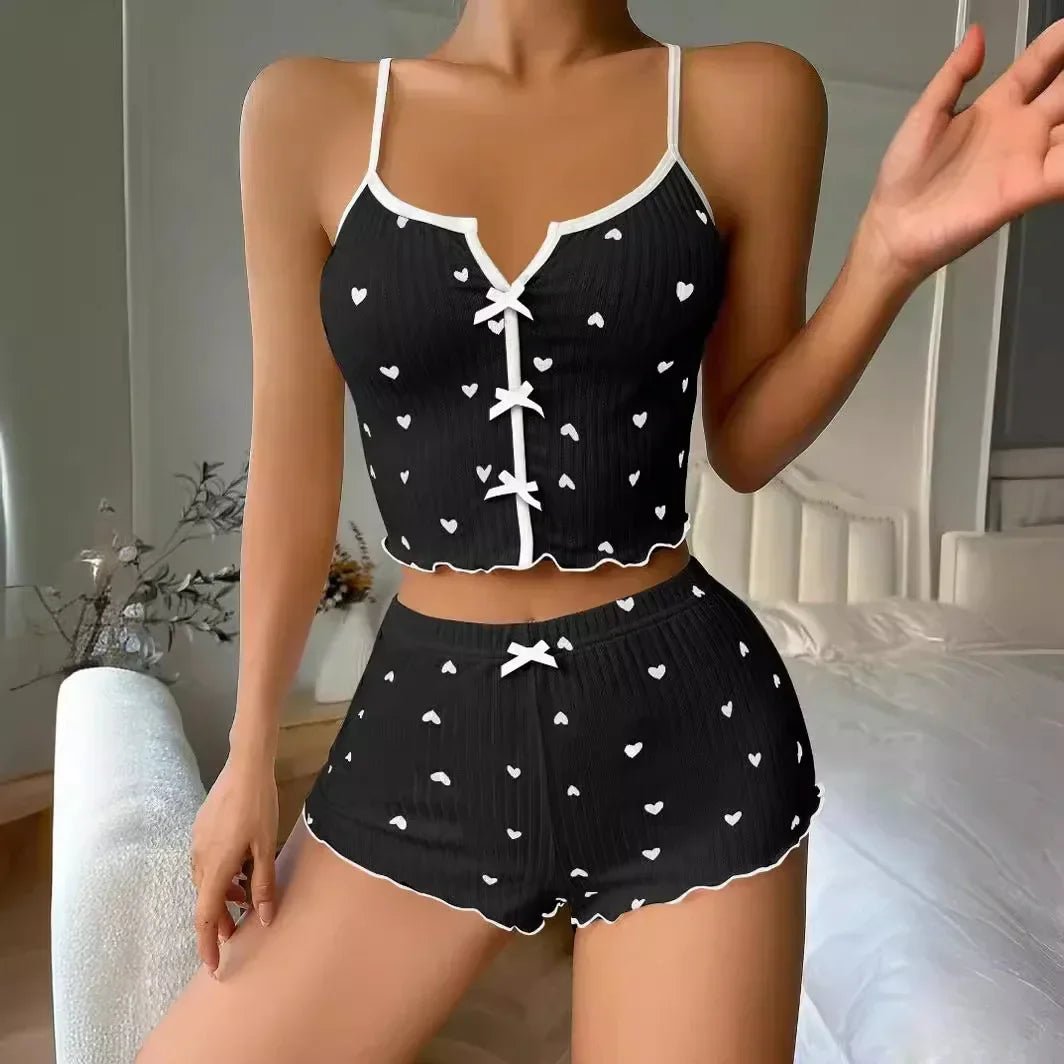 Sleepwear Women Pajamas Set Heart Print Soft Ribbed Fabric with Flirty Frill Trim Casual Cami Top and Shorts Sets Loungewear - FitHealthHavenFitHealthHavenFitHealthHaven14:7711;5:3613851LSleepwear Women Pajamas Set Heart Print Soft Ribbed Fabric with Flirty Frill Trim Casual Cami Top and Shorts Sets Loungewear
