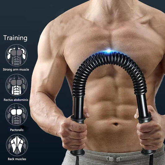 Man using arm strength training bar to enhance strong arm muscle and chest. Ideal for home fitness training.