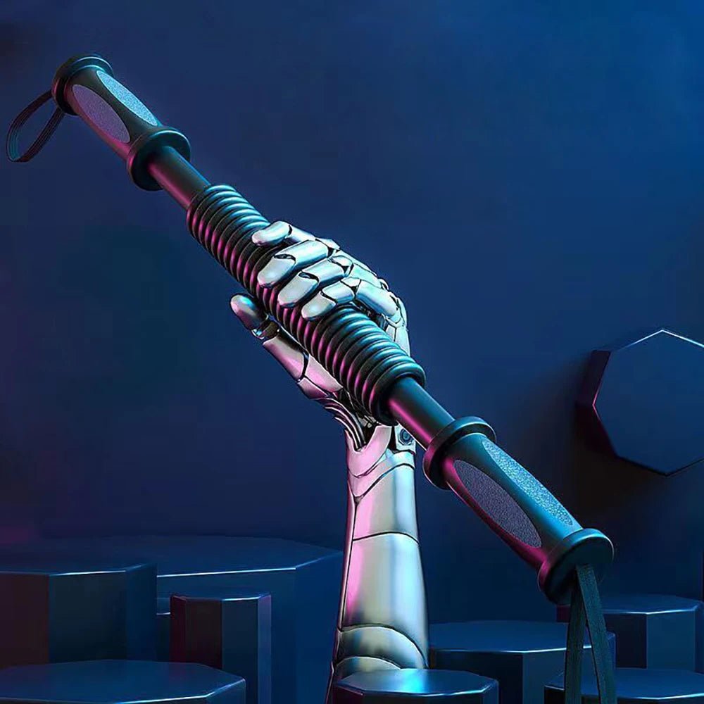 Arm strength training bar held by a robotic hand against a colorful background, ideal for chest and biceps workouts.