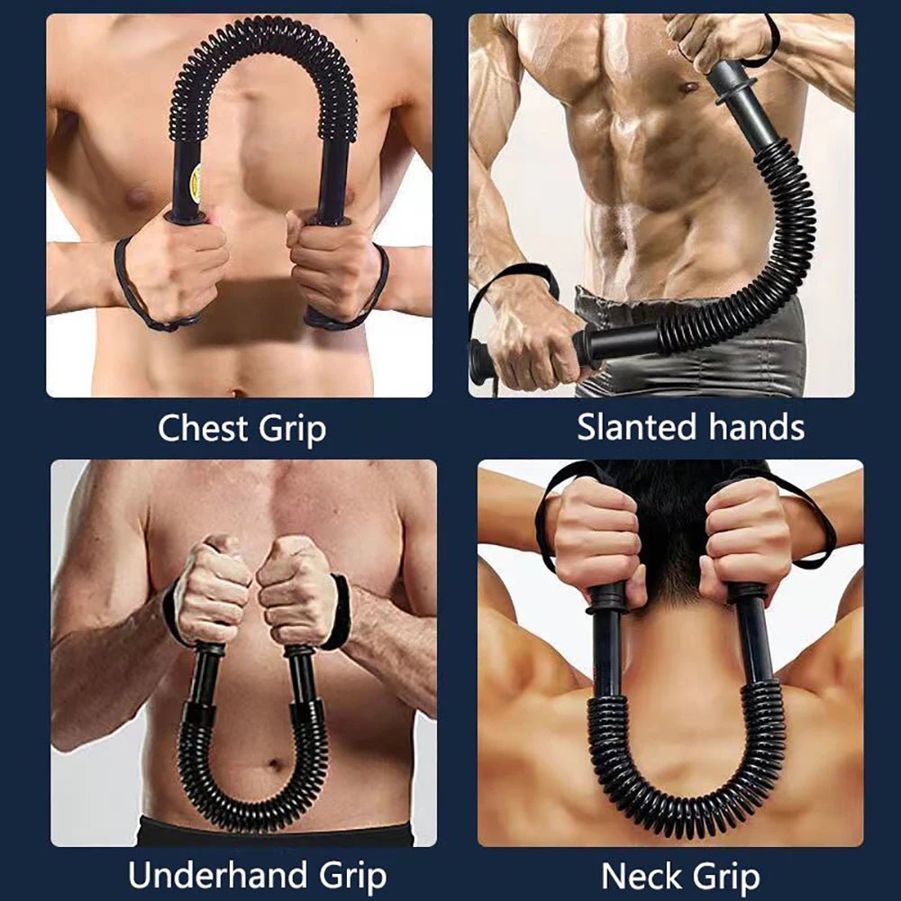 Arm strength training bar with varied grips: chest grip, slanted hands, underhand grip, and neck grip.