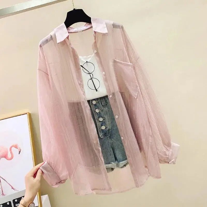 Summer Sunscreen Shirt Elegant Perspective Thin Chiffon Blouse Korean Harajuku See Through Loose Top Casual Women's Cardigan - FitHealthHavenFitHealthHavenFitHealthHaven14:1052pink;5:100014064pinkSSummer Sunscreen Shirt Elegant Perspective Thin Chiffon Blouse Korean Harajuku See Through Loose Top Casual Women's Cardigan