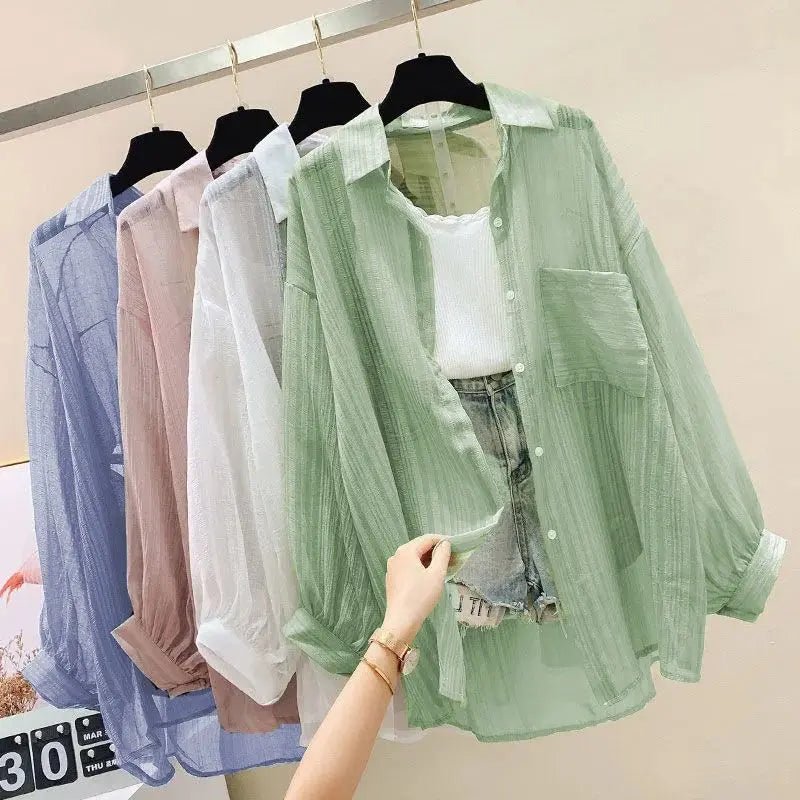 Summer Sunscreen Shirt Elegant Perspective Thin Chiffon Blouse Korean Harajuku See Through Loose Top Casual Women's Cardigan - FitHealthHavenFitHealthHavenFitHealthHaven14:173blue;5:100014064blueSSummer Sunscreen Shirt Elegant Perspective Thin Chiffon Blouse Korean Harajuku See Through Loose Top Casual Women's Cardigan