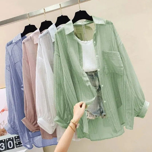 Summer Sunscreen Shirt Elegant Perspective Thin Chiffon Blouse Korean Harajuku See Through Loose Top Casual Women's Cardigan - FitHealthHavenFitHealthHavenFitHealthHaven14:173blue;5:100014064blueSSummer Sunscreen Shirt Elegant Perspective Thin Chiffon Blouse Korean Harajuku See Through Loose Top Casual Women's Cardigan