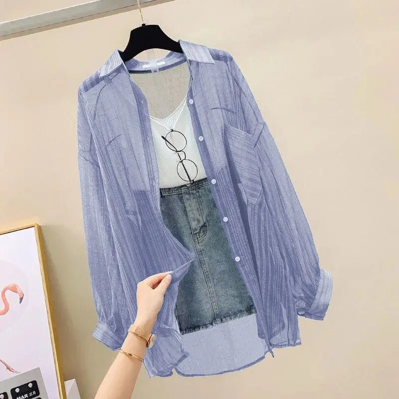 Summer Sunscreen Shirt Elegant Perspective Thin Chiffon Blouse Korean Harajuku See Through Loose Top Casual Women's Cardigan - FitHealthHavenFitHealthHavenFitHealthHaven14:173blue;5:100014064blueSSummer Sunscreen Shirt Elegant Perspective Thin Chiffon Blouse Korean Harajuku See Through Loose Top Casual Women's Cardigan