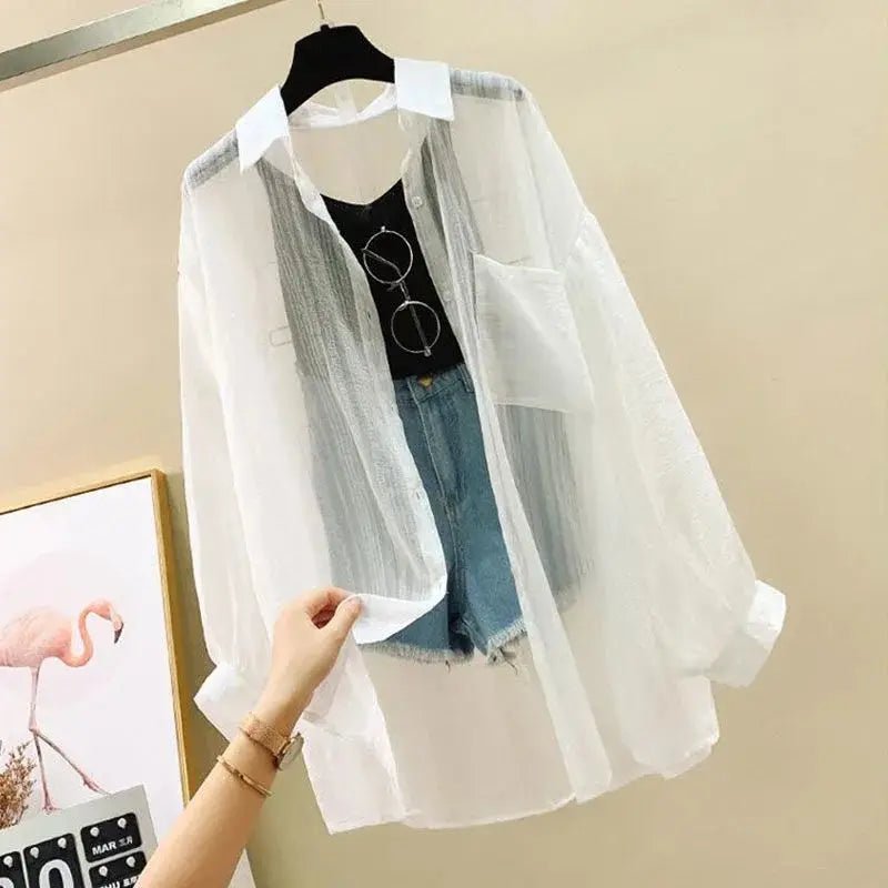 Summer Sunscreen Shirt Elegant Perspective Thin Chiffon Blouse Korean Harajuku See Through Loose Top Casual Women's Cardigan - FitHealthHavenFitHealthHavenFitHealthHaven14:29white;5:100014064whiteSSummer Sunscreen Shirt Elegant Perspective Thin Chiffon Blouse Korean Harajuku See Through Loose Top Casual Women's Cardigan