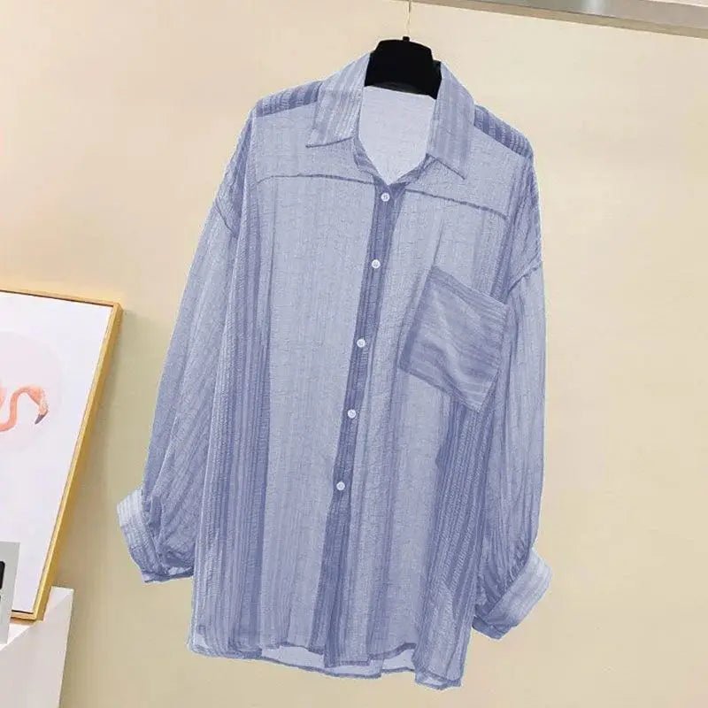 Summer Sunscreen Shirt Elegant Perspective Thin Chiffon Blouse Korean Harajuku See Through Loose Top Casual Women's Cardigan - FitHealthHavenFitHealthHavenFitHealthHaven14:173blue;5:100014064blueSSummer Sunscreen Shirt Elegant Perspective Thin Chiffon Blouse Korean Harajuku See Through Loose Top Casual Women's Cardigan