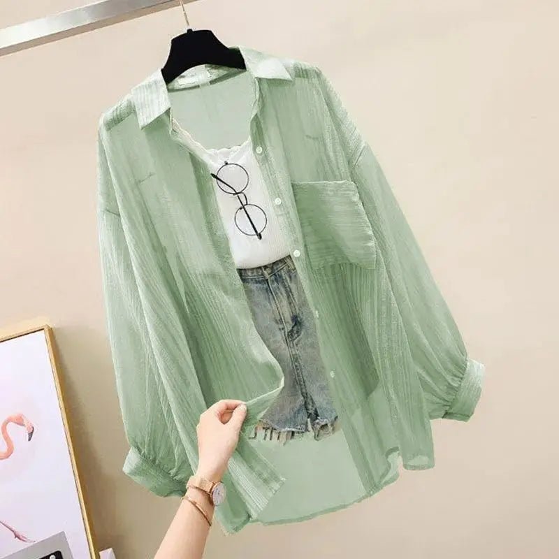 Summer Sunscreen Shirt Elegant Perspective Thin Chiffon Blouse Korean Harajuku See Through Loose Top Casual Women's Cardigan - FitHealthHavenFitHealthHavenFitHealthHaven14:175green;5:100014064greenSSummer Sunscreen Shirt Elegant Perspective Thin Chiffon Blouse Korean Harajuku See Through Loose Top Casual Women's Cardigan