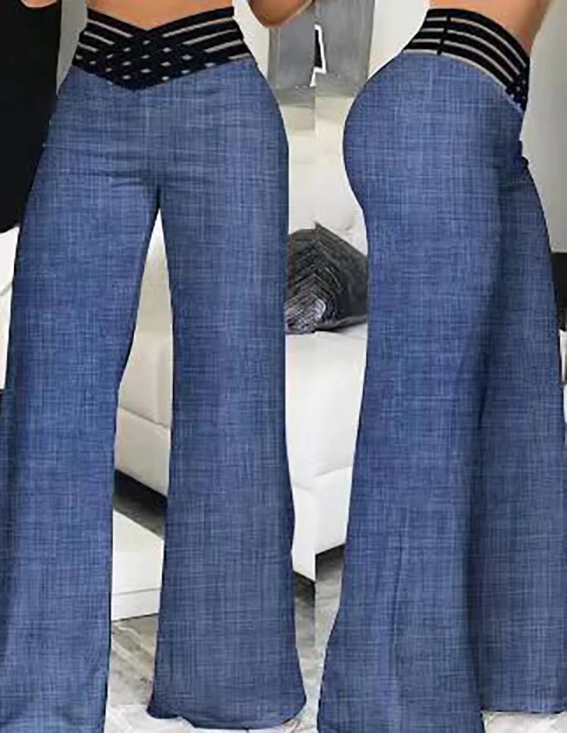 Women Flared Pants Elegant Office Lady Casual High Waist Trousers Spring Summer Solid Crisscross Sheer Mesh Patch Wide Leg Pant - FitHealthHavenFitHealthHavenFitHealthHaven14:200004870Denim;5:4183DenimXXXLWomen Flared Pants Elegant Office Lady Casual High Waist Trousers Spring Summer Solid Crisscross Sheer Mesh Patch Wide Leg Pant