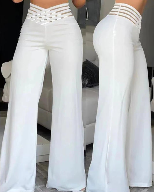 Women Flared Pants Elegant Office Lady Casual High Waist Trousers Spring Summer Solid Crisscross Sheer Mesh Patch Wide Leg Pant - FitHealthHavenFitHealthHavenFitHealthHaven14:29;5:4183WHITEXXXLWomen Flared Pants Elegant Office Lady Casual High Waist Trousers Spring Summer Solid Crisscross Sheer Mesh Patch Wide Leg Pant