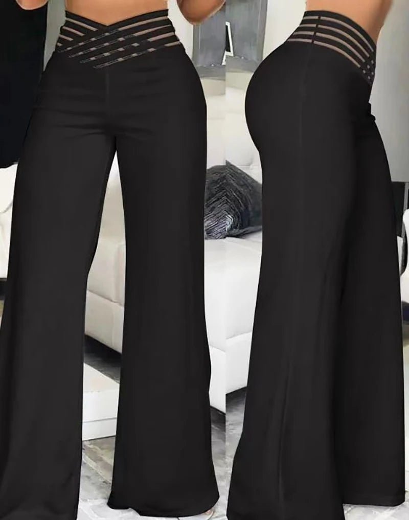 Women Flared Pants Elegant Office Lady Casual High Waist Trousers Spring Summer Solid Crisscross Sheer Mesh Patch Wide Leg Pant - FitHealthHavenFitHealthHavenFitHealthHaven14:193;5:4183blackXXXLWomen Flared Pants Elegant Office Lady Casual High Waist Trousers Spring Summer Solid Crisscross Sheer Mesh Patch Wide Leg Pant