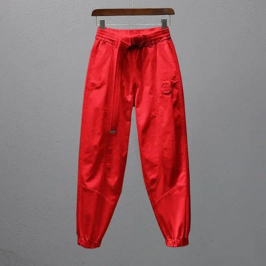 Women Harem Pants Cotton Sweat Pants Elastic Waist Office Lady Loose Casual Trousers with Belt Fashion Ankle Banded Red White - FitHealthHavenFitHealthHavenFitHealthHaven14:10;5:361386RedMWomen Harem Pants Cotton Sweat Pants Elastic Waist Office Lady Loose Casual Trousers with Belt Fashion Ankle Banded Red White