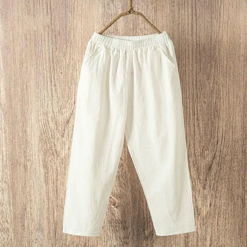 Women Summer Casual Loose Harem Elastic Waist Cotton Linen Pants Ninth Trousers - FitHealthHavenFitHealthHavenFitHealthHaven14:29;5:200003528WHITEOne SizeWomen Summer Casual Loose Harem Elastic Waist Cotton Linen Pants Ninth Trousers