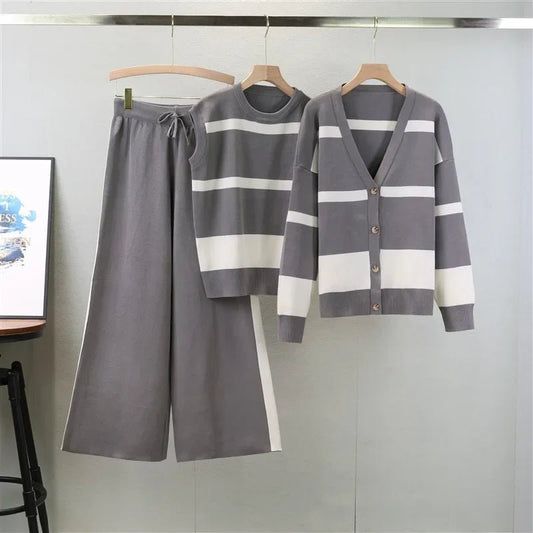 Women's Autumn Winter Fashion Loose Knitted Striped Suits Sleevesless Vest V Neck Cardigan Sweater Wide Leg Pants 3 Piece Set - FitHealthHavenFitHealthHavenFitHealthHaven14:691gray;5:200003528grayOne SizeWomen's Autumn Winter Fashion Loose Knitted Striped Suits Sleevesless Vest V Neck Cardigan Sweater Wide Leg Pants 3 Piece Set