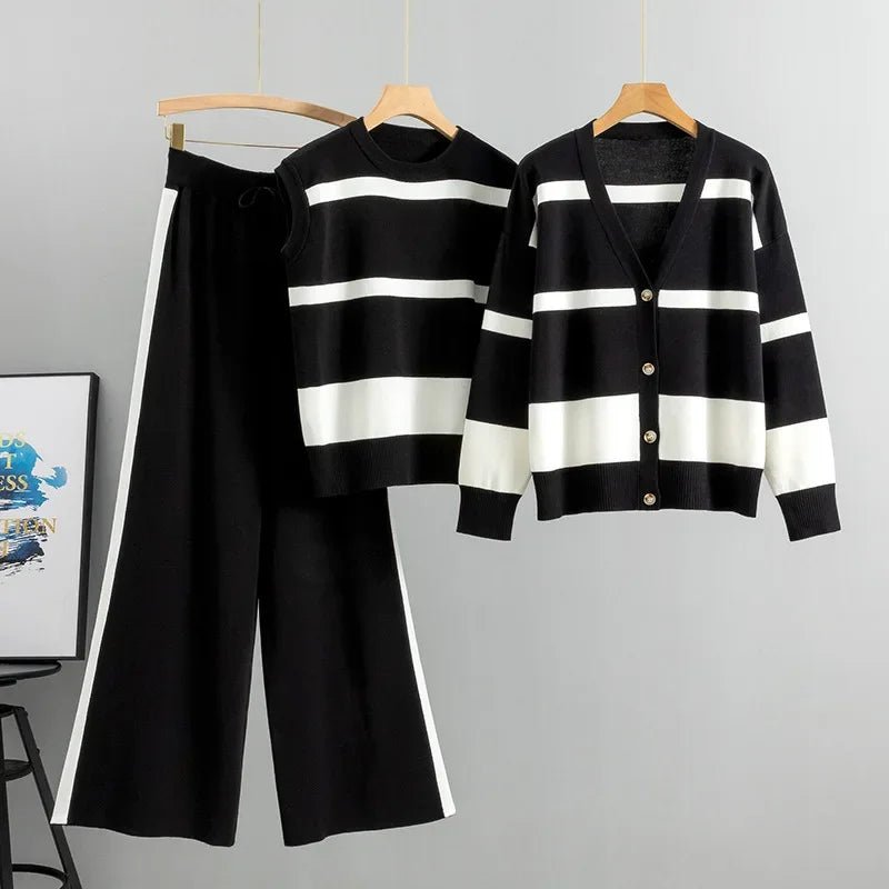 Women's Autumn Winter Fashion Loose Knitted Striped Suits Sleevesless Vest V Neck Cardigan Sweater Wide Leg Pants 3 Piece Set - FitHealthHavenFitHealthHavenFitHealthHaven14:193black;5:200003528blackOne SizeWomen's Autumn Winter Fashion Loose Knitted Striped Suits Sleevesless Vest V Neck Cardigan Sweater Wide Leg Pants 3 Piece Set