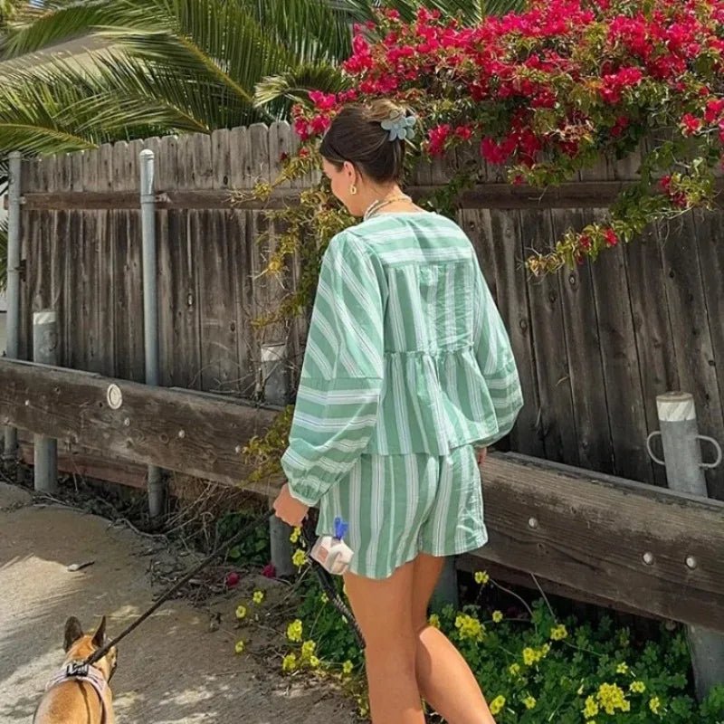 Women's Clothing 2-piece Set Outfit Sleeves Shorts Shirt Shorts Fast Selling Stripes Suits Comfortable Fashion Shirts for Women - FitHealthHavenFitHealthHavenFitHealthHaven14:1254green;5:100014064greenSWomen's Clothing 2-piece Set Outfit Sleeves Shorts Shirt Shorts Fast Selling Stripes Suits Comfortable Fashion Shirts for Women